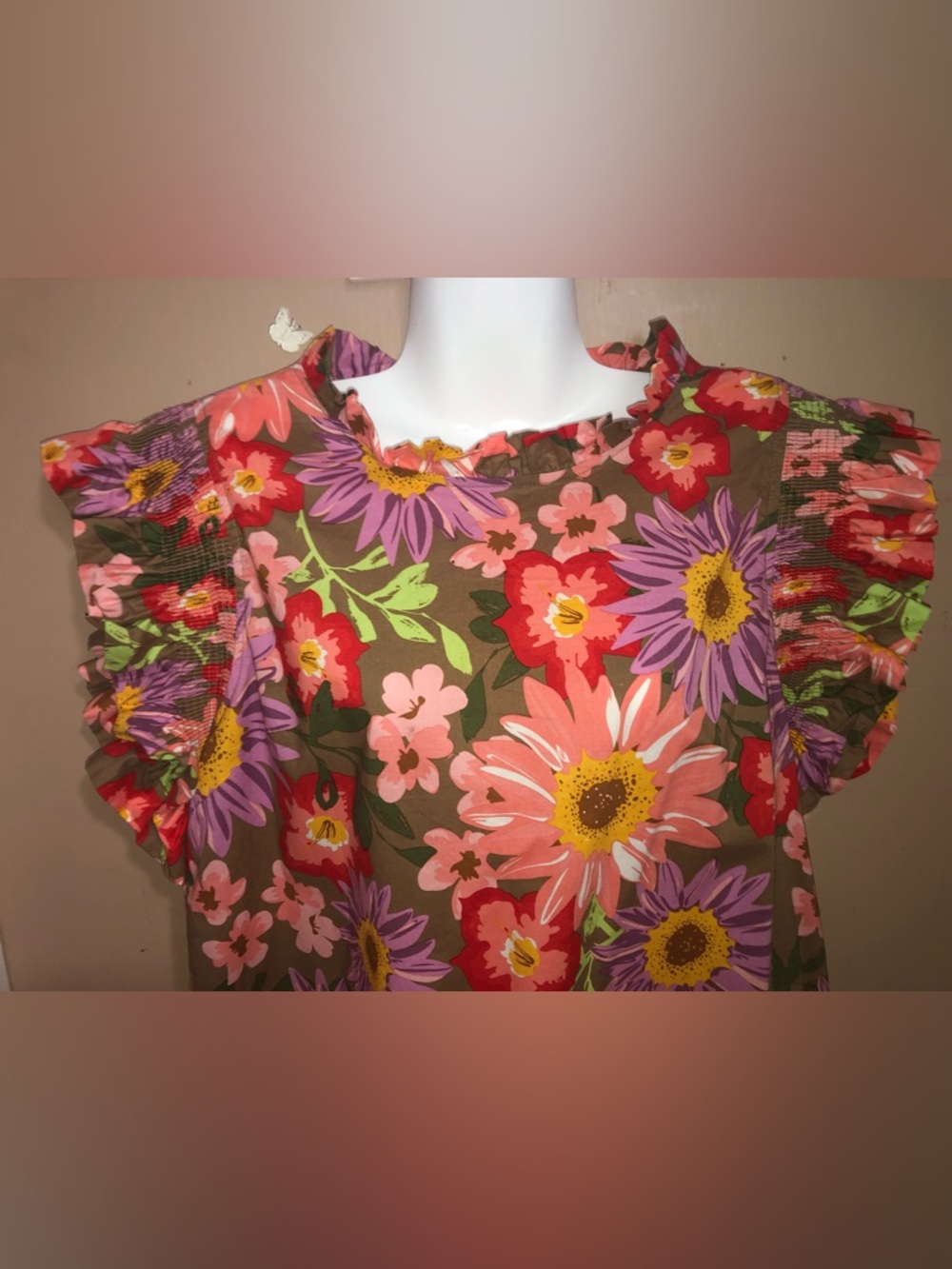 Jodifl Floral Print Dress Ruffled Neckline & Smocked Sleeves Size L - Picture 4 of 7